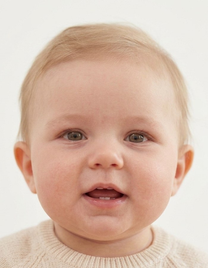The same baby cropped to the Australian passport specification: upright, centred on a plain light background, eyes open to the camera, mouth relaxed and slightly open, the face filling three-quarters of the frame